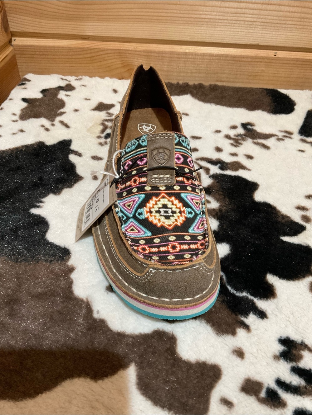 Ariat Brown Suede Moccasin with Turquoise & Multicolor Aztec Print